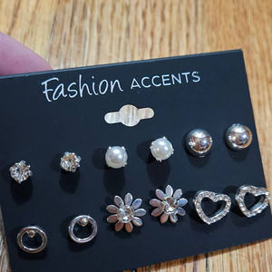 NWT Fashion Accents 6-Pc Stud Earrings Set ~ Flower Heart Faux Pearl Round